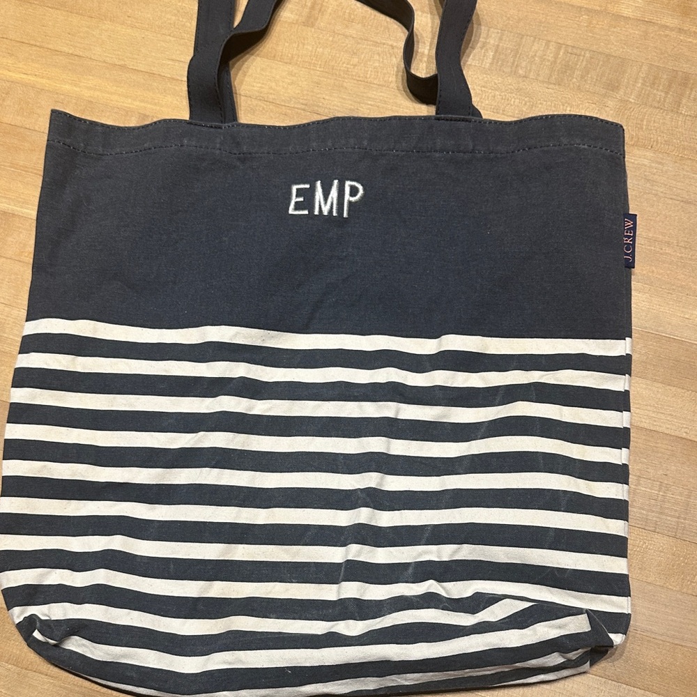 J. Crew Navy and White Striped Canvas Tote
